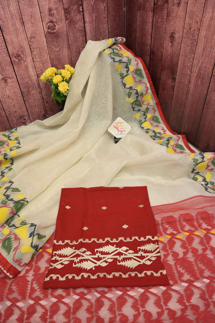 Off-White and Red Color Jamdani with Lace Work
