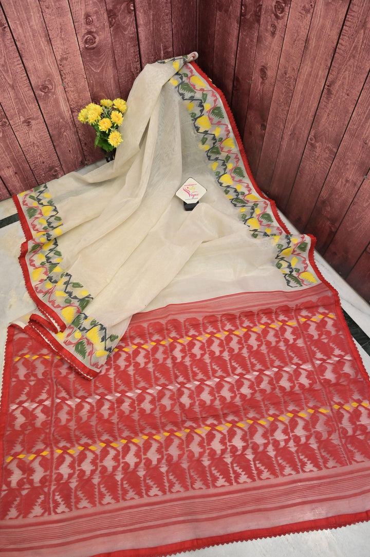 Off-White and Red Color Jamdani with Lace Work