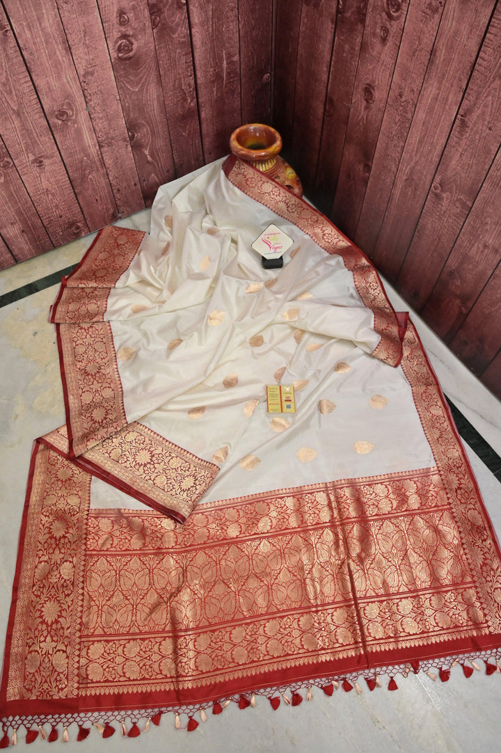Off-white and Red Color Katan Banarasi Saree