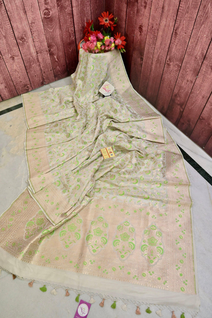 Off-White Color Pure Katan Banarasi Saree with Allover Meenakari and Jaal Work