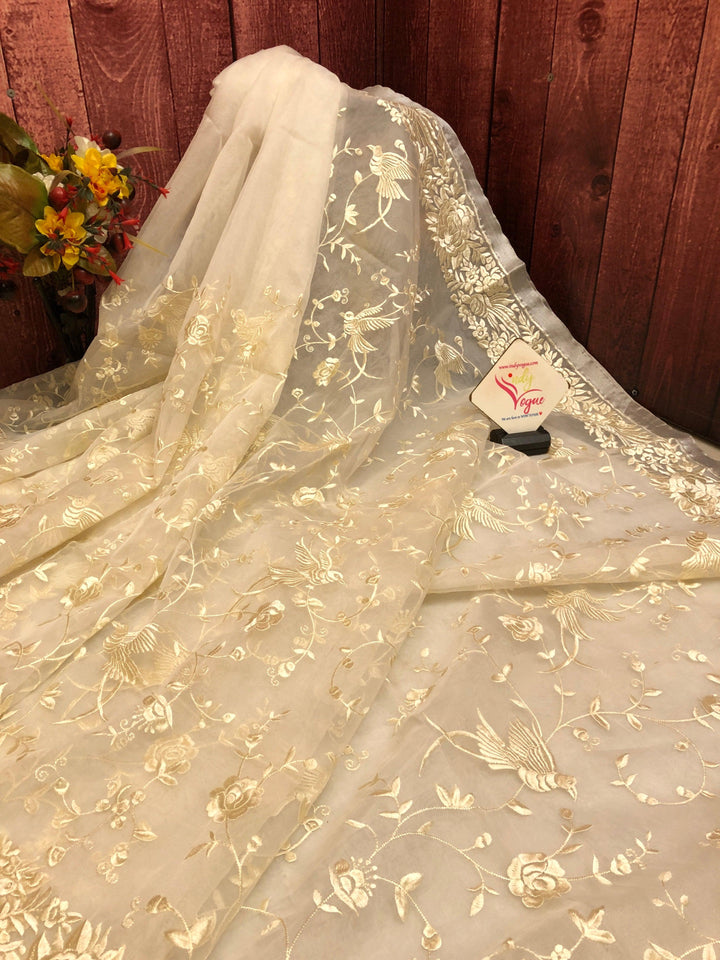 Off white Color Resham Handloom with Parsi Embroidery