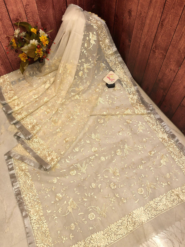 Off white Color Resham Handloom with Parsi Embroidery