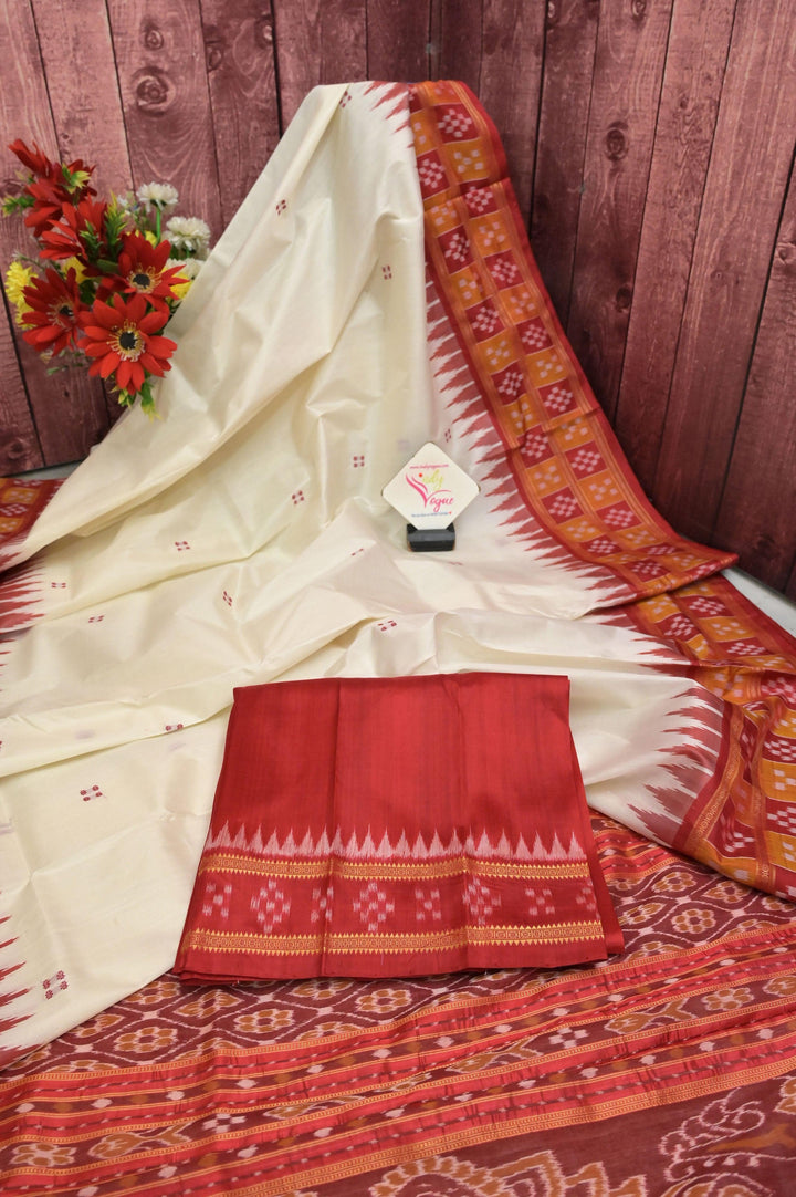 Offhwite and Red Color Sambalpuri Silk Saree with Double Pasapalli Border