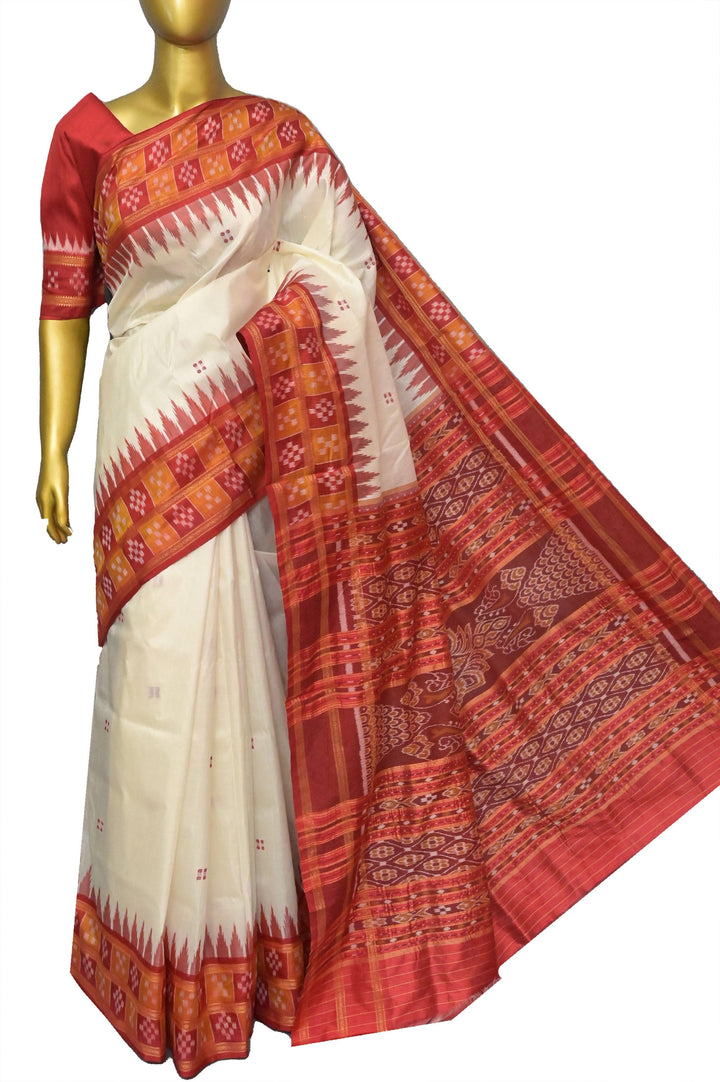 Offhwite and Red Color Sambalpuri Silk Saree with Double Pasapalli Border