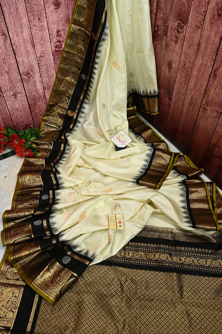 Offwhite and Black Color Pure Gadwal Silk Saree with Temple Border and Golden and Silver Zari Work