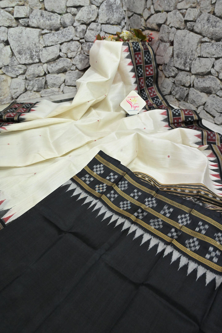 Offwhite and Black Color Sambalpuri Silk Saree with Double Pasapalli Border