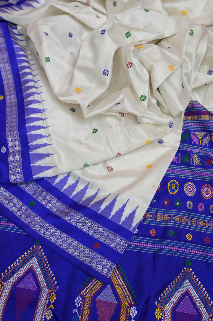Offwhite and Blue COlor Bomkai Saree with Dolabedi Style Pallu