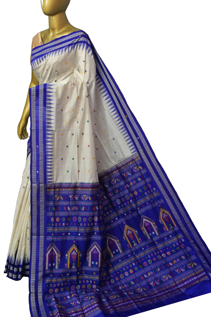 Offwhite and Blue COlor Bomkai Saree with Dolabedi Style Pallu