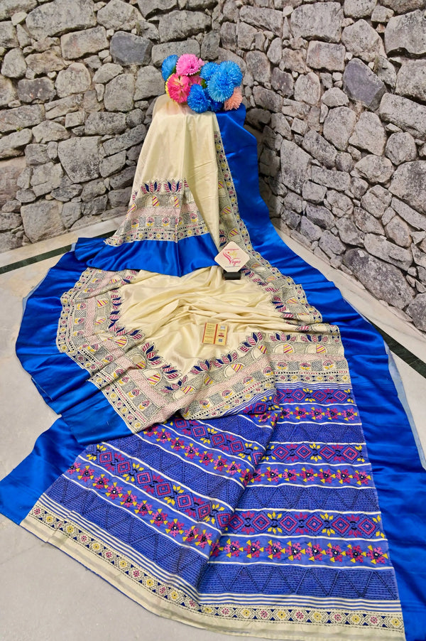 Offwhite and Blue Color Garad Silk Saree with Satin Border and Allover Hand Embroidery
