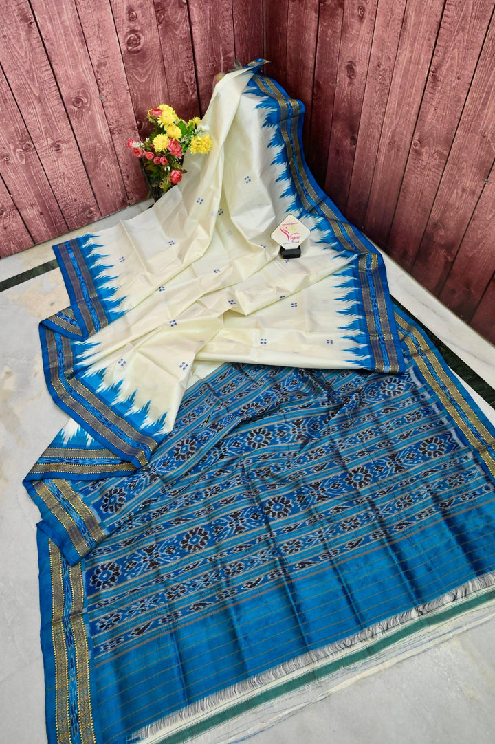 Offwhite and Blue Color Sambalpuri Silk Saree