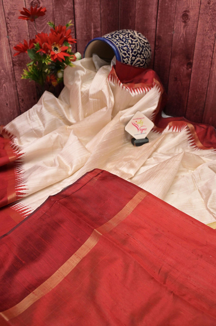 Offwhite and Brick Red Color Pure Raw Silk Saree with Temple Border