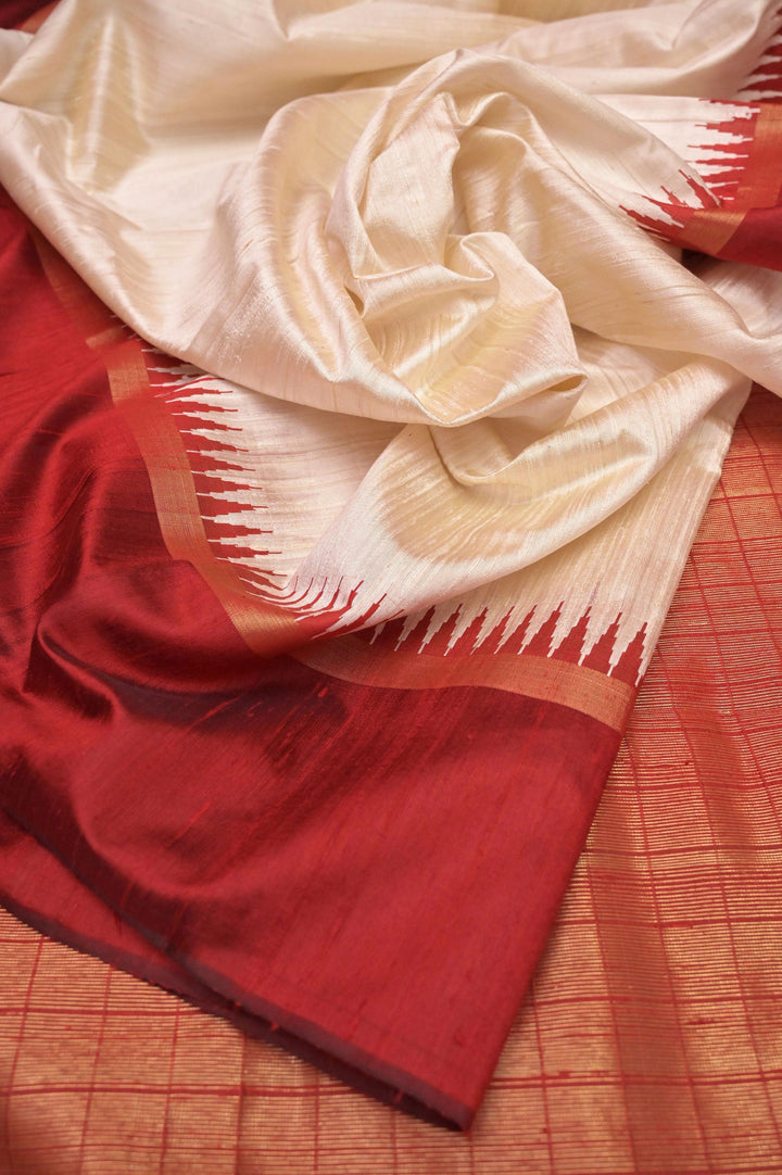 Offwhite and Brick Red Color Pure Raw Silk Saree with Temple Border
