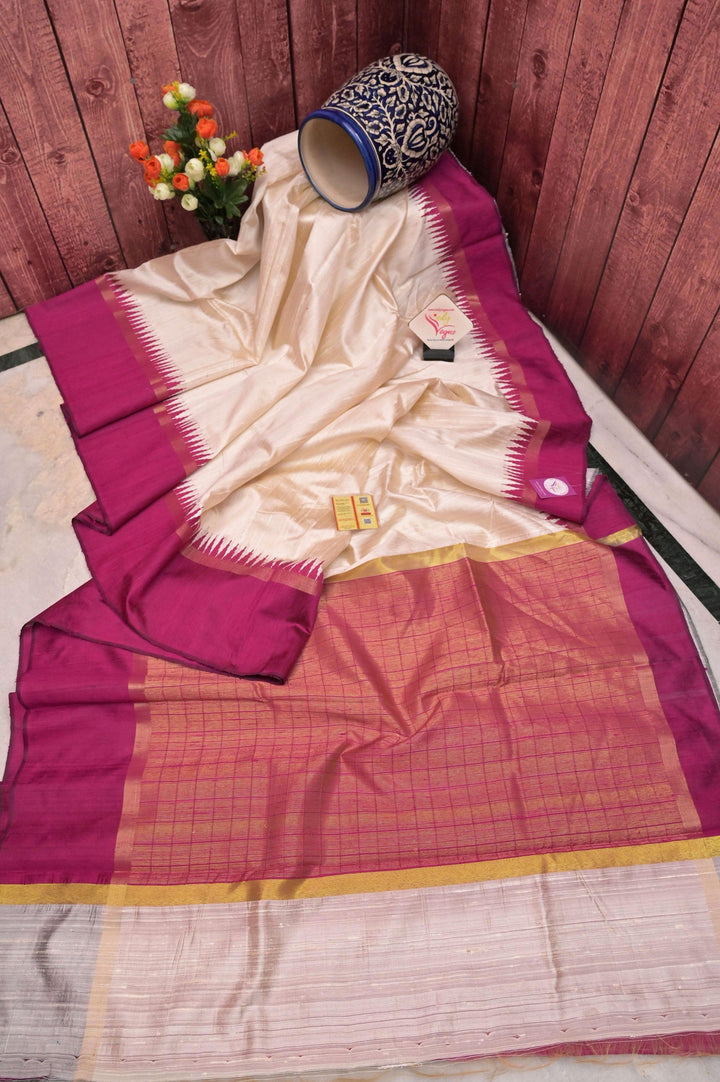 Offwhite and Dark Meganta Color Pure Raw Silk Saree with Temple Border