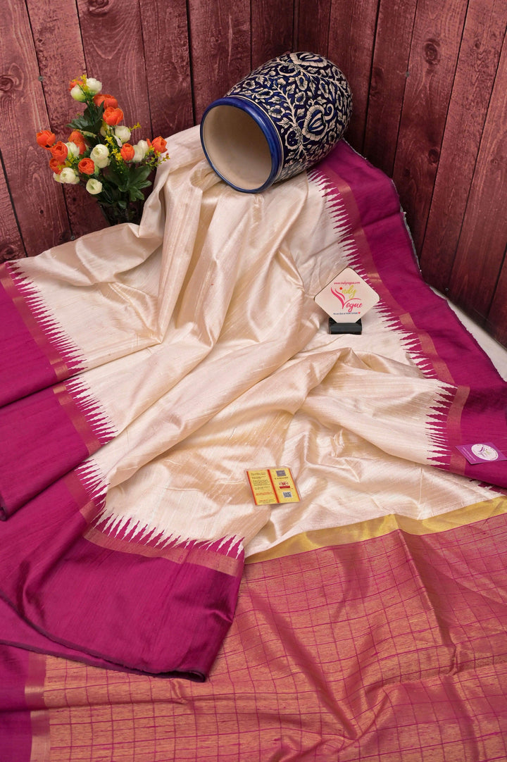 Offwhite and Dark Meganta Color Pure Raw Silk Saree with Temple Border