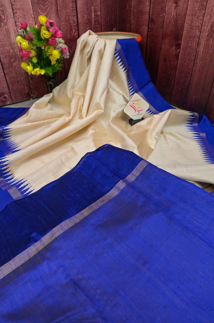 Offwhite and Deep Indigo Blue Color Pure Raw Silk Saree