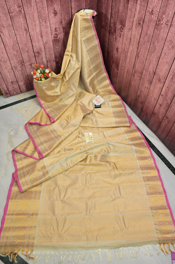 Offwhite and Golden Color Pure Gadwal Silk Saree with Brocade Work