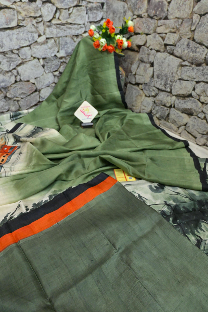 Offwhite and Green Color Bishnupur Katan Silk Saree with Kolkata Theme Hand Painted Work