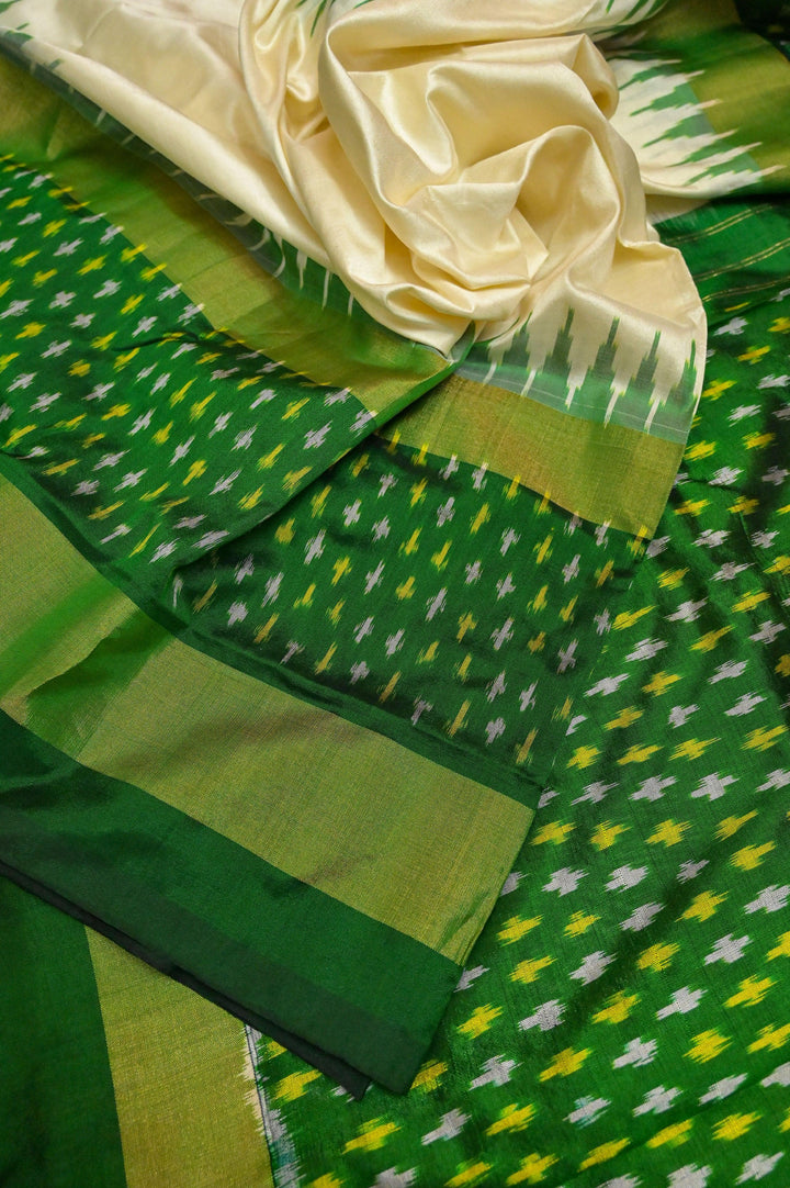 Offwhite and Green Color Ikat Silk Saree