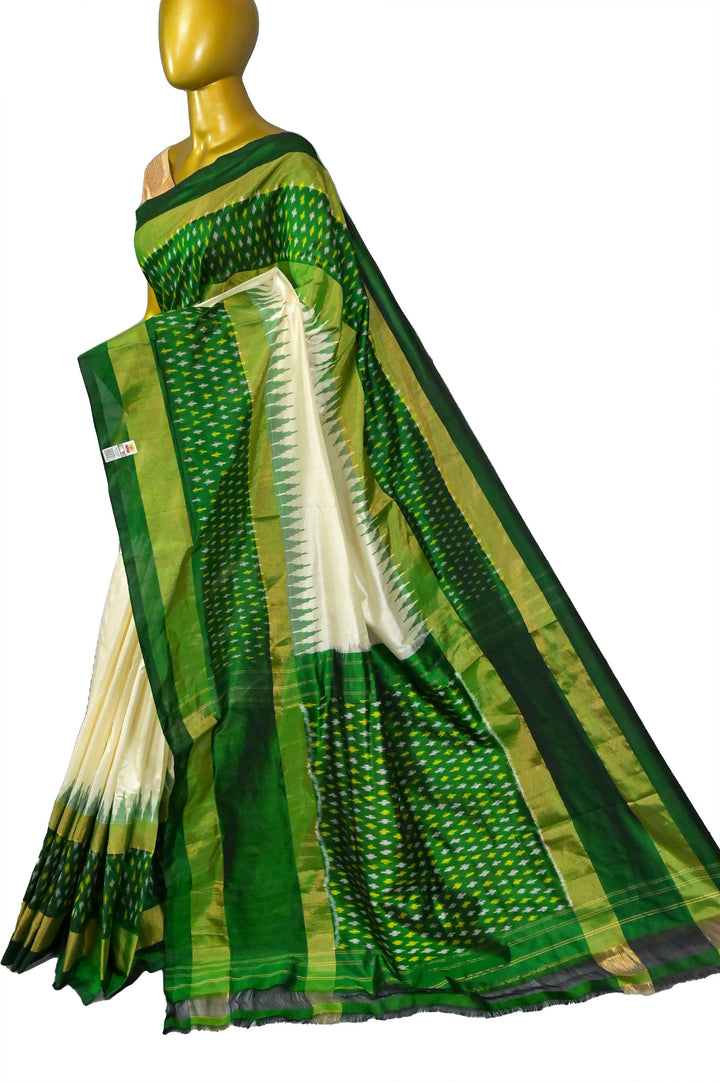 Offwhite and Green Color Ikat Silk Saree