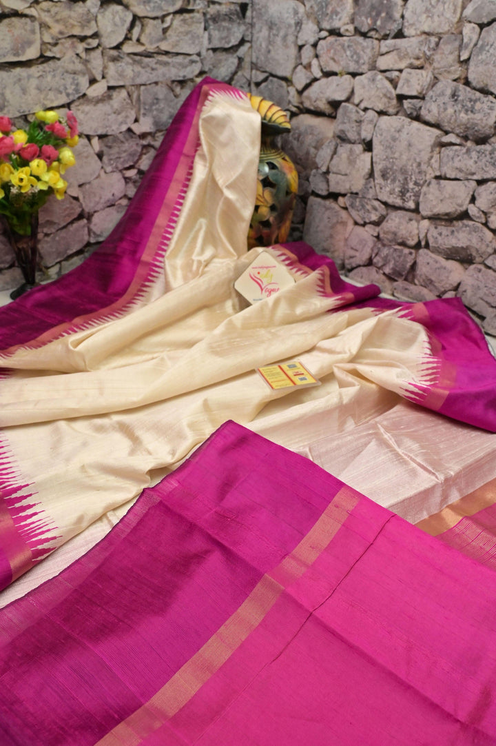 Offwhite and Magenta Pink Color Pure Raw Silk Saree
