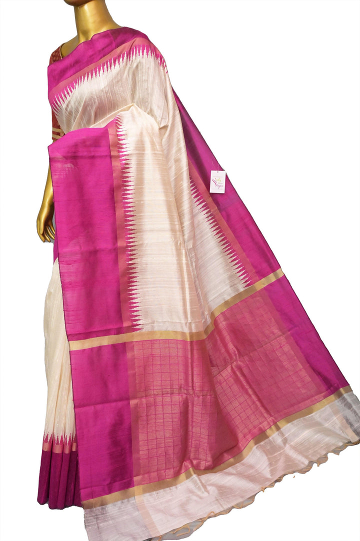 Offwhite and Magenta Pink Color Pure Raw Silk Saree
