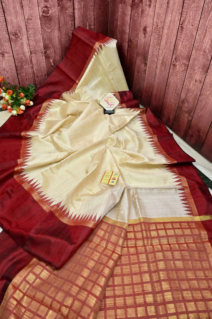 Off white silk saree with maroon border hot sale