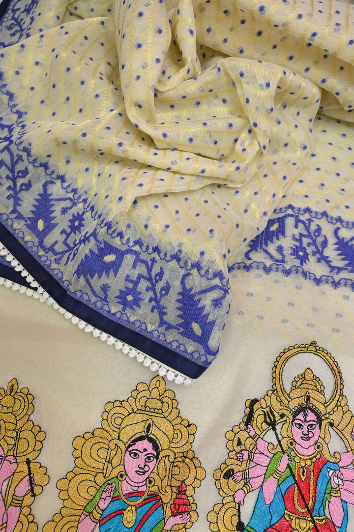 Offwhite and Midnight Blue Color Durga Jamdani Saree with Embroidery and Lace Border