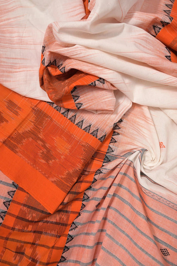 Offwhite and Orange Color Dhaniakhali Khadi Cotton Saree with Ikat Stripe Weaving Work