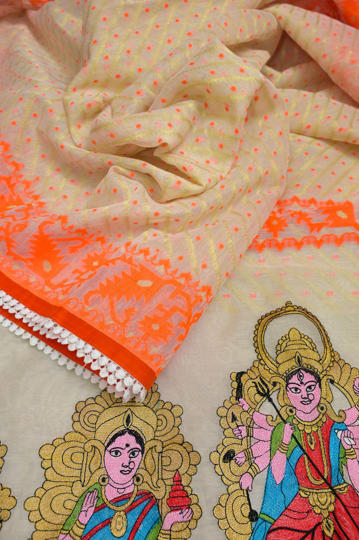 Offwhite and Orange Color Durga Jamdani with Embroidery and Lace Work