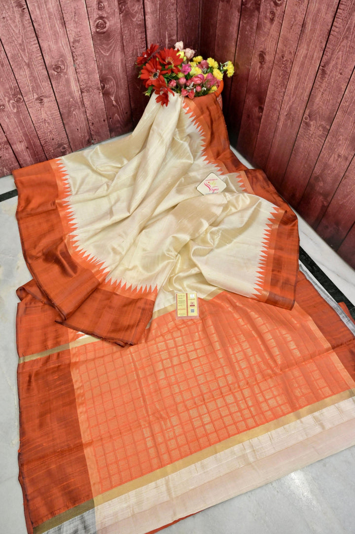 Offwhite and Orange Color Pure Raw Silk Saree with Temple Border