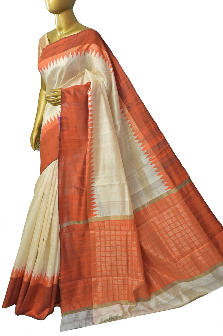 Offwhite and Orange Color Pure Raw Silk Saree with Temple Border
