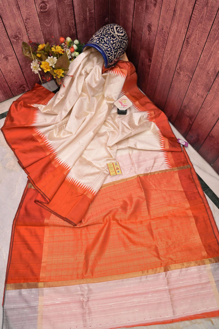 Offwhite and Orange Color Raw Silk Saree with Temple Border