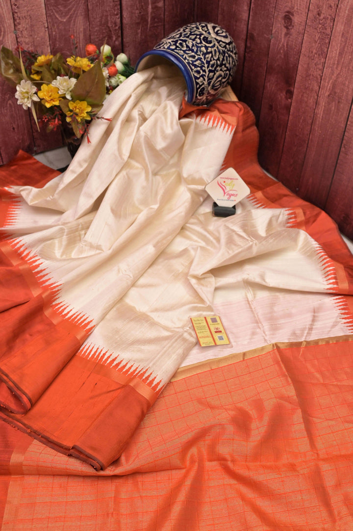 Offwhite and Orange Color Raw Silk Saree with Temple Border