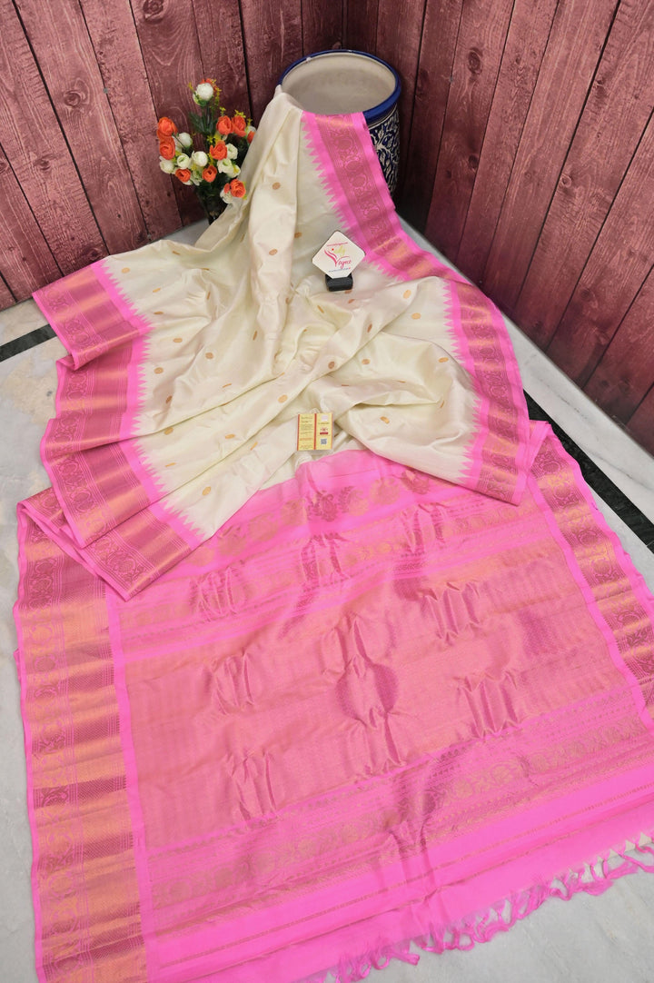 Offwhite and Pink Color Gadwal Silk Saree with Golden Zari Buti Border and Pallu