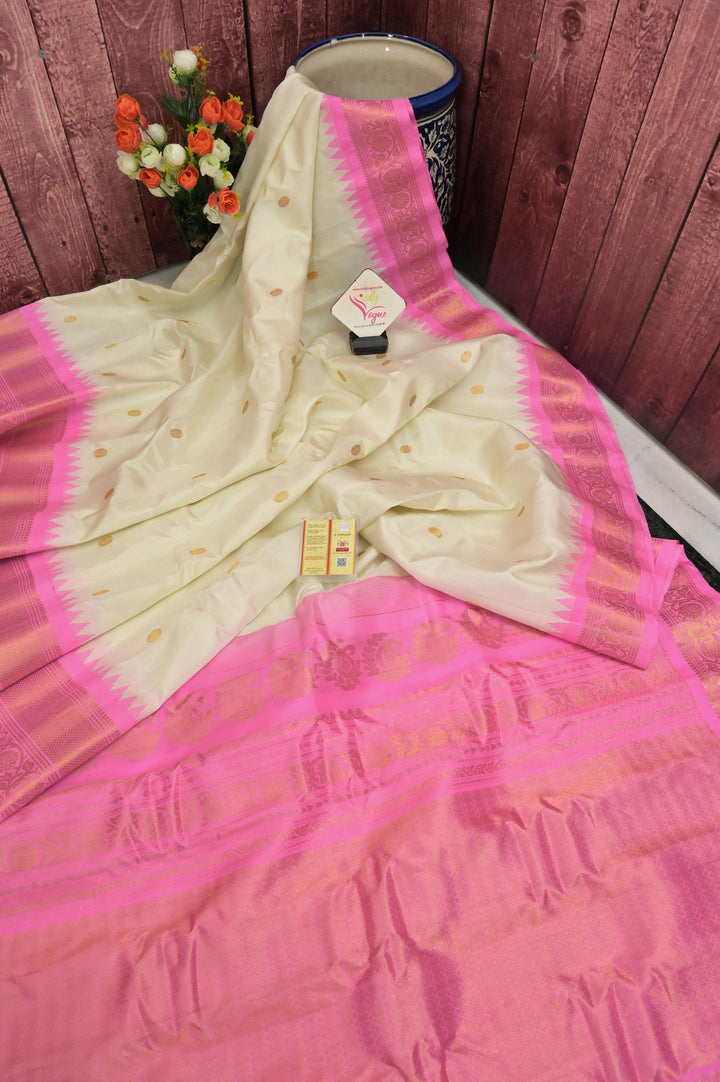 Offwhite and Pink Color Gadwal Silk Saree with Golden Zari Buti Border and Pallu