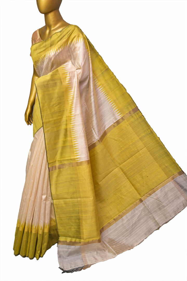 Offwhite and Pista Color Raw Silk Saree with Temple Border