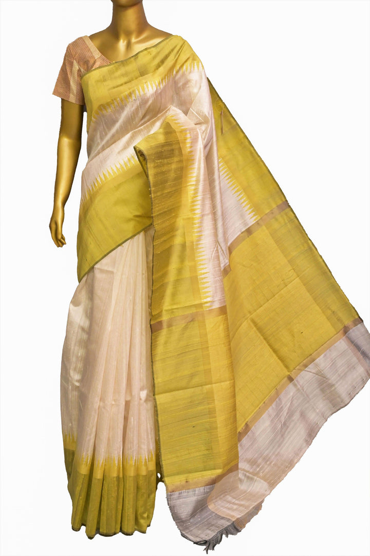 Offwhite and Pista Color Raw Silk Saree with Temple Border