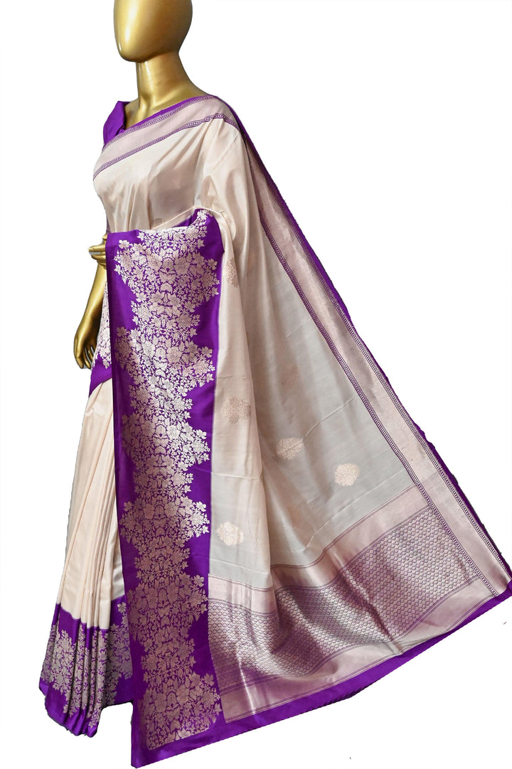 Offwhite and Purple Color Pure Katan Banarasi Saree with Silver Zari Work