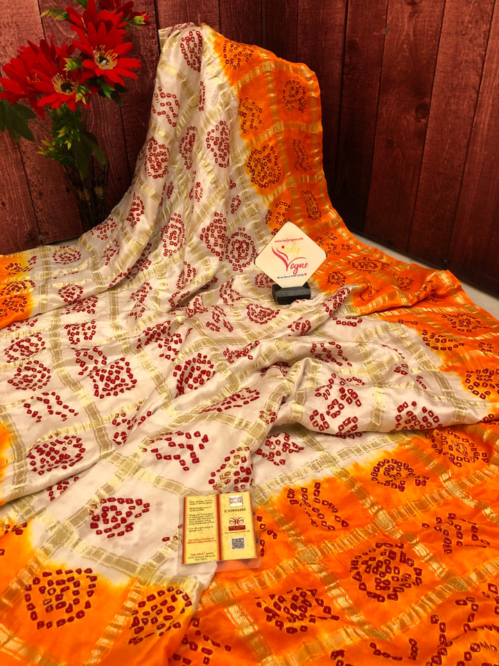Offwhite and Raw Turmeric Color Pure Ghazi Gharchola Silk with Hand Bandhani