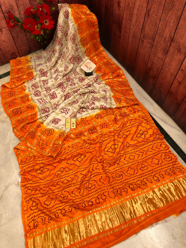Offwhite and Raw Turmeric Color Pure Ghazi Gharchola Silk with Hand Bandhani
