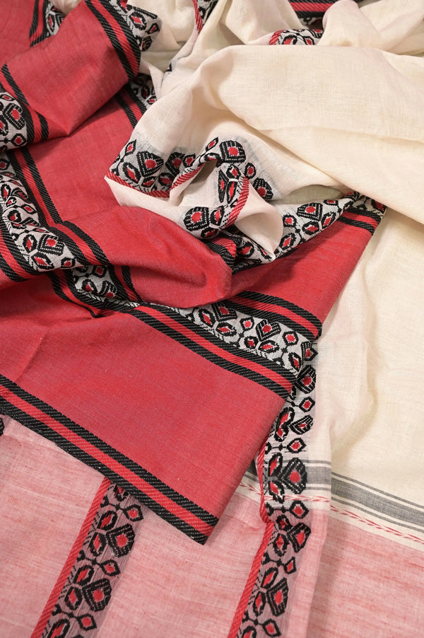 Offwhite and Red Color Dhaniakhali Tant Cotton Saree with Skirt Border