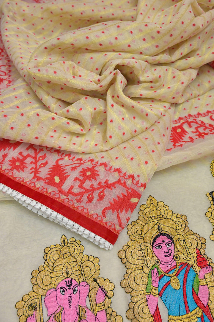 Offwhite and Red Color Durga Jamdani Saree with Embroidery and Lace Border