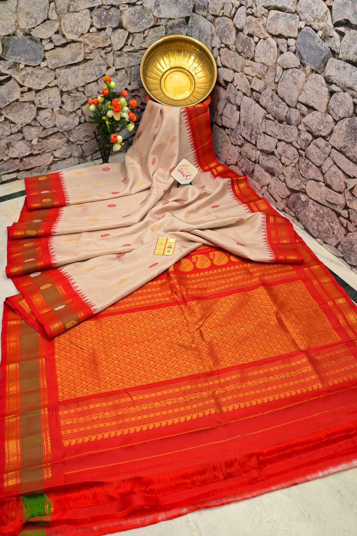 Offwhite and Red Color Gadwal Silk Saree with Small Graph Checks and Buti Work