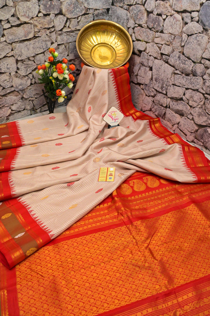 Offwhite and Red Color Gadwal Silk Saree with Small Graph Checks and Buti Work