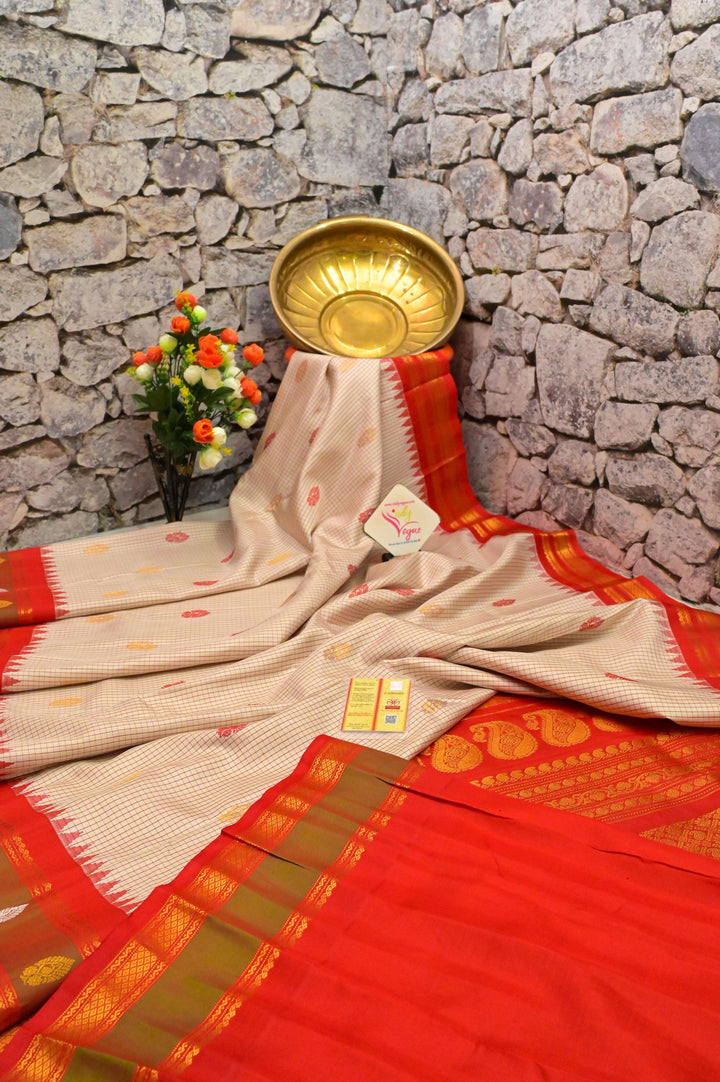 Offwhite and Red Color Gadwal Silk Saree with Small Graph Checks and Buti Work