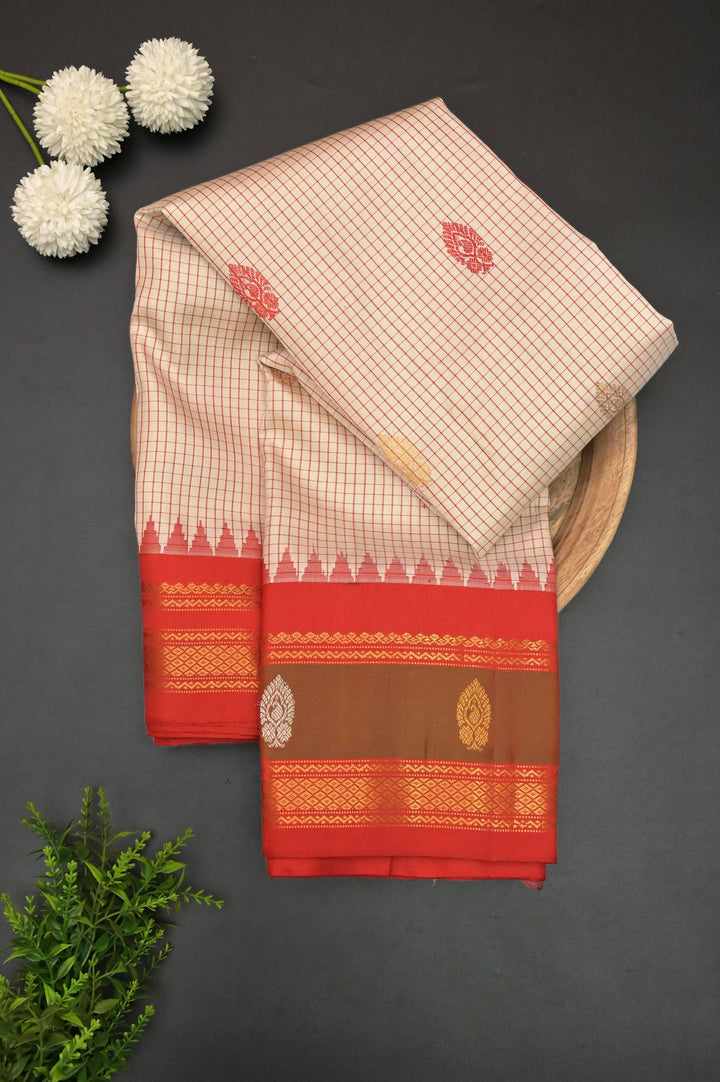 Offwhite and Red Color Gadwal Silk Saree with Small Graph Checks and Buti Work