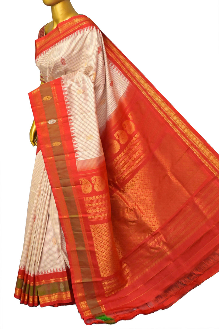 Offwhite and Red Color Gadwal Silk Saree with Small Graph Checks and Buti Work