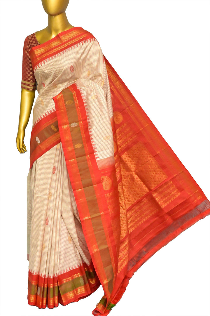 Offwhite and Red Color Gadwal Silk Saree with Small Graph Checks and Buti Work