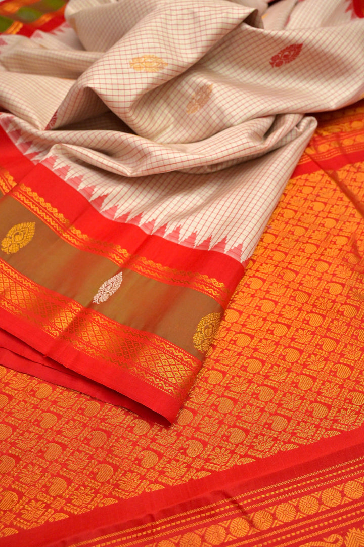Offwhite and Red Color Gadwal Silk Saree with Small Graph Checks and Buti Work