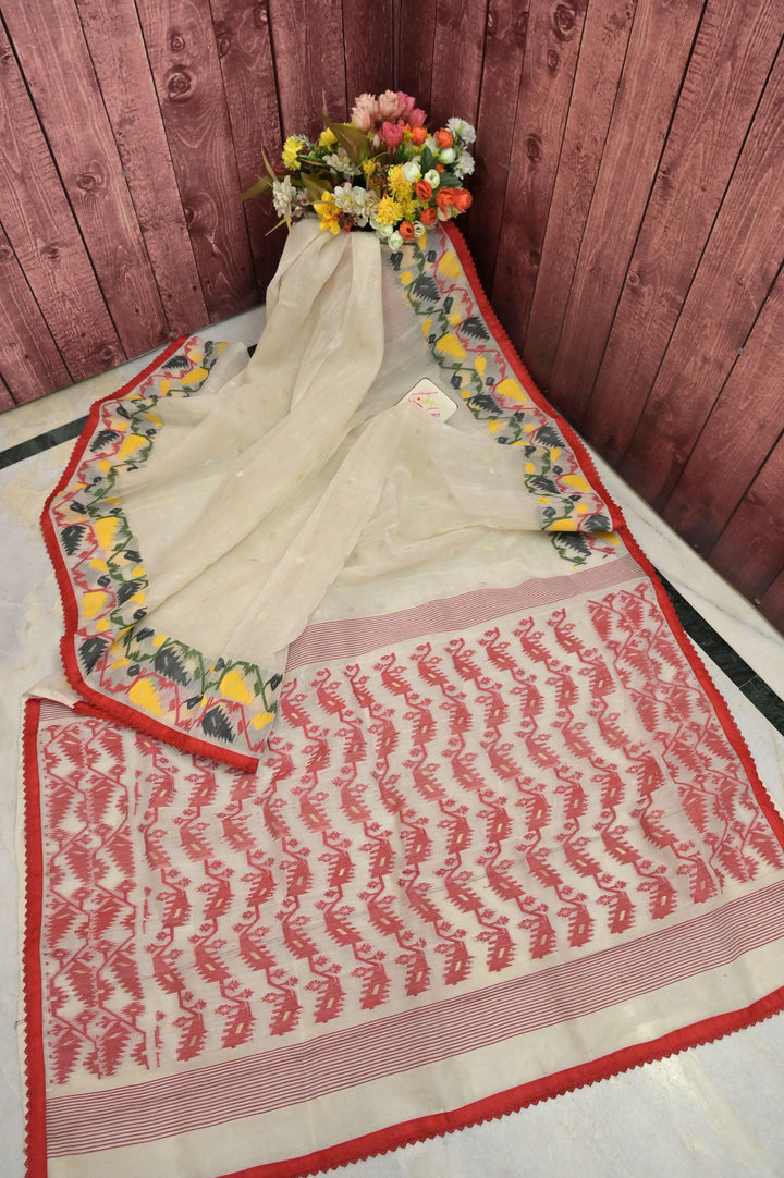 Offwhite and Red Color Jamdani Saree with Patti and lace Work